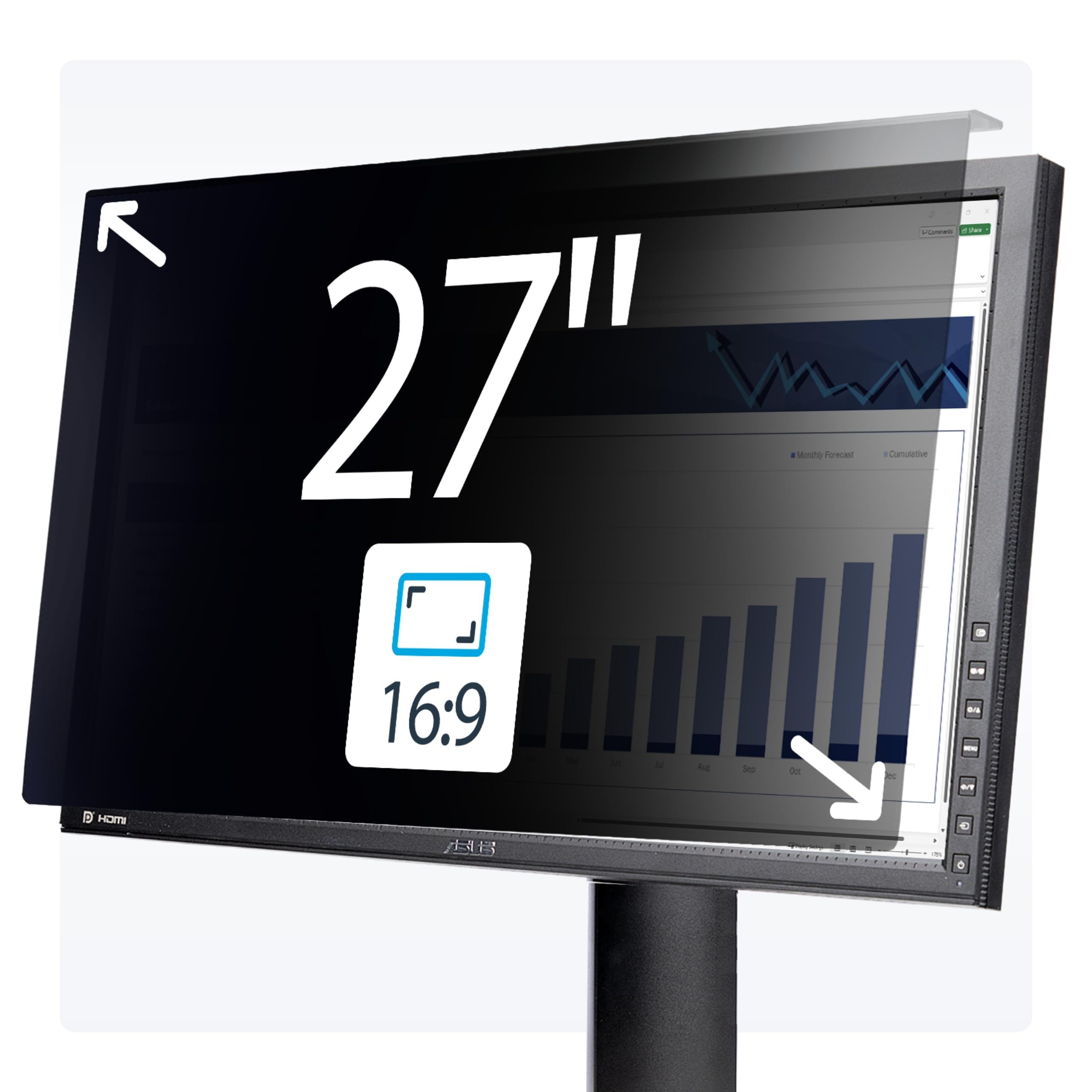 27-INCH 16:9 COMPUTER MONITOR PRIVACY SCREEN, HANGING ACRYLIC FILTER, QUICK-INST