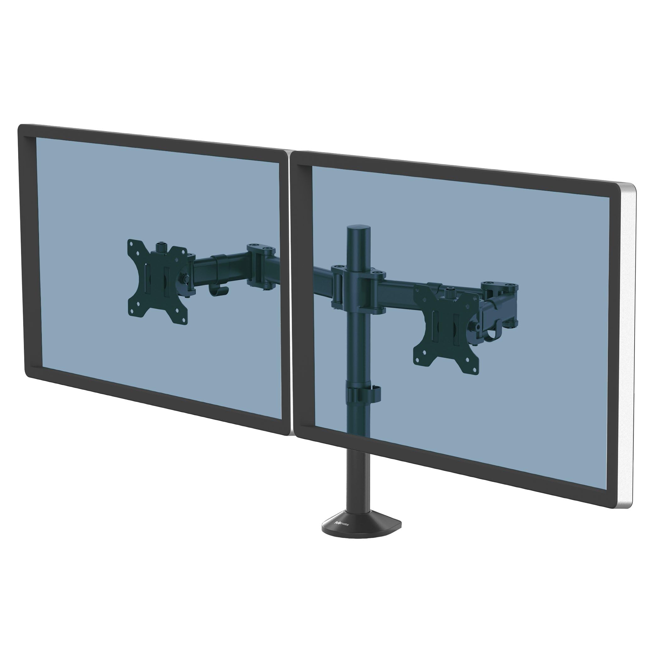 DUAL MONITOR ARM ELEVATES YOUR SCREENS OFF THE DESK TO ELIMINATE CLUTTER.  SET U