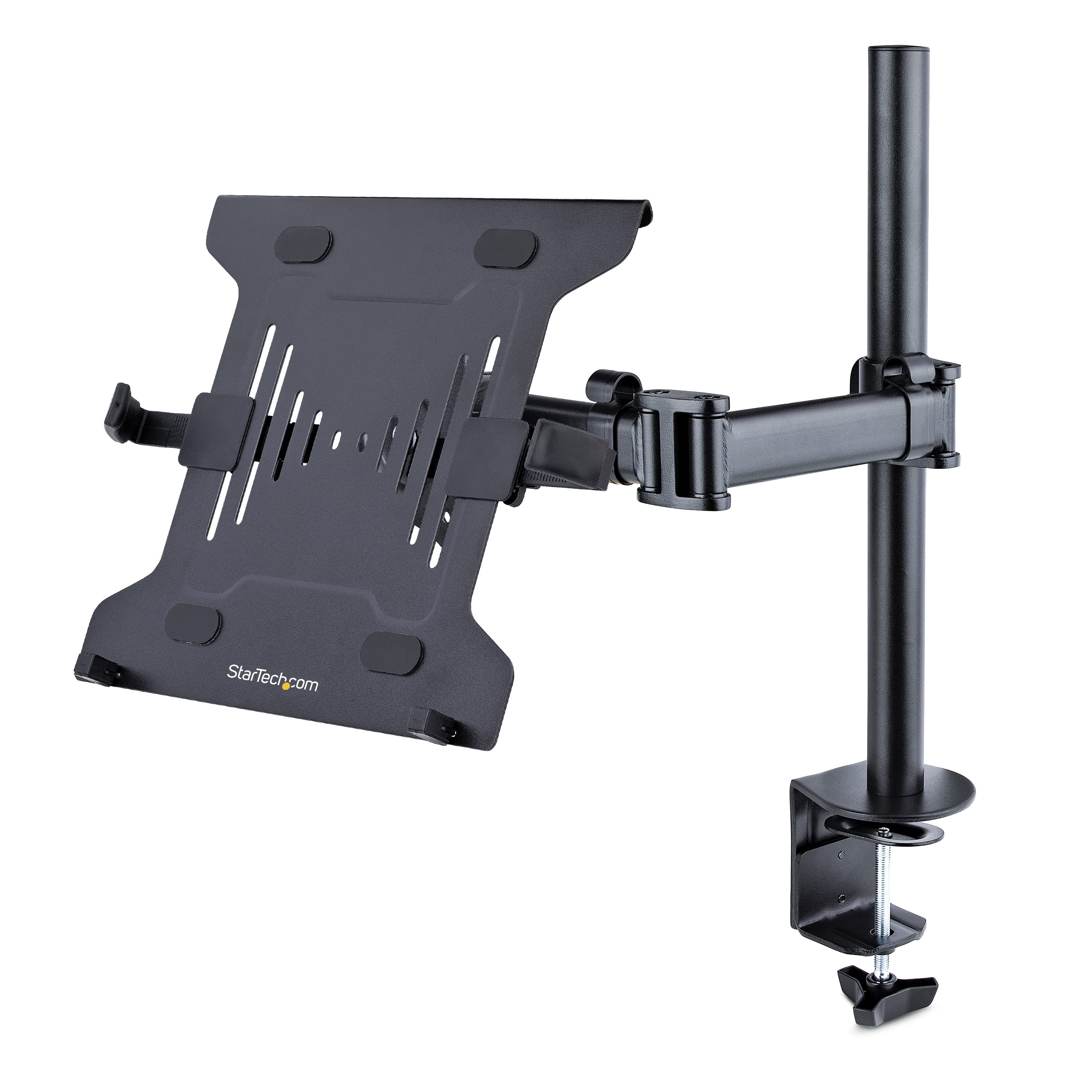 THIS DUAL-PURPOSE BLACK LAPTOP MOUNT FOR DESK ALLOWS MOUNTING A LAPTOP ON THE VE