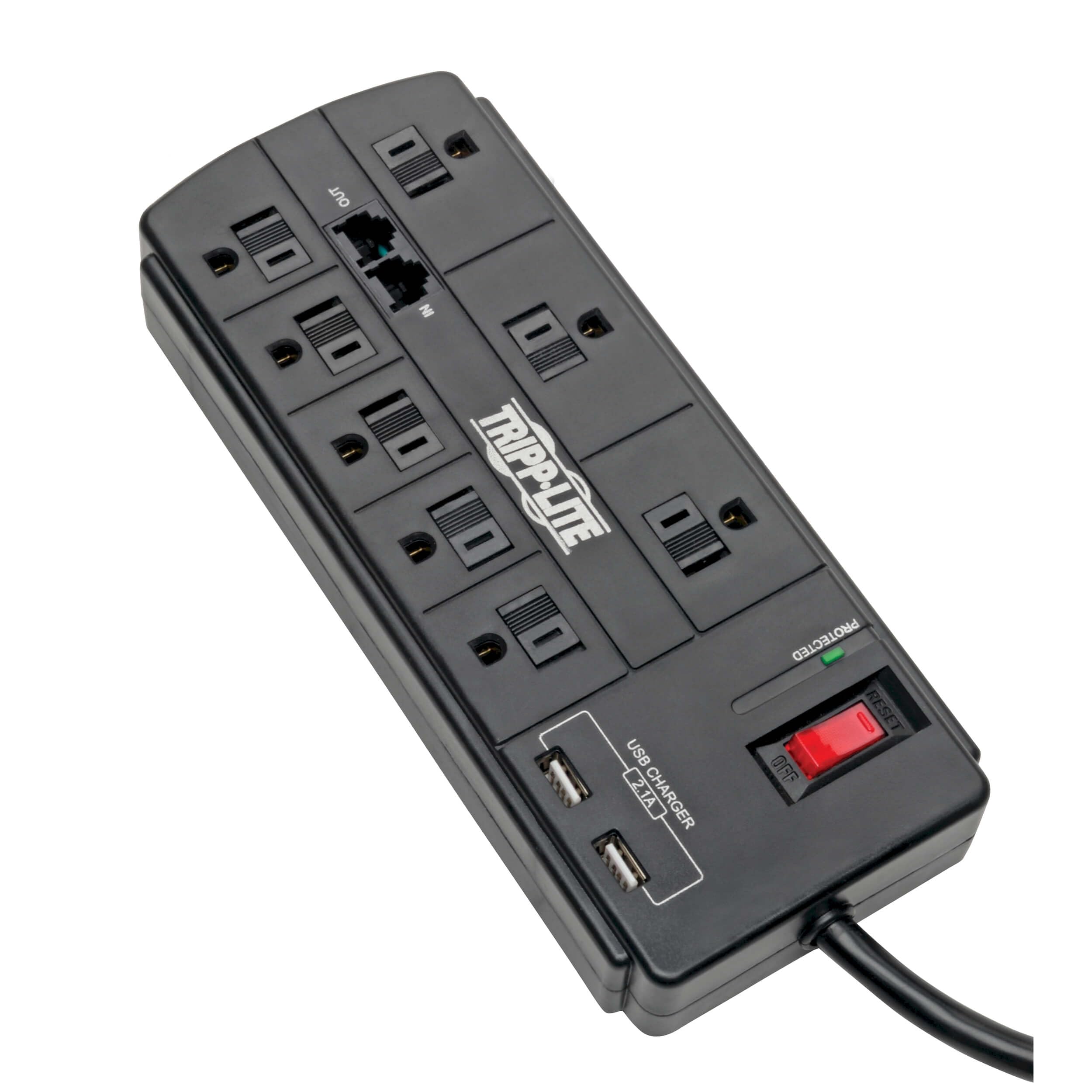 8OUT SURGE PROTECTOR 2 USB      CHARGING PORTS TEL/MODEM 8FT CORD