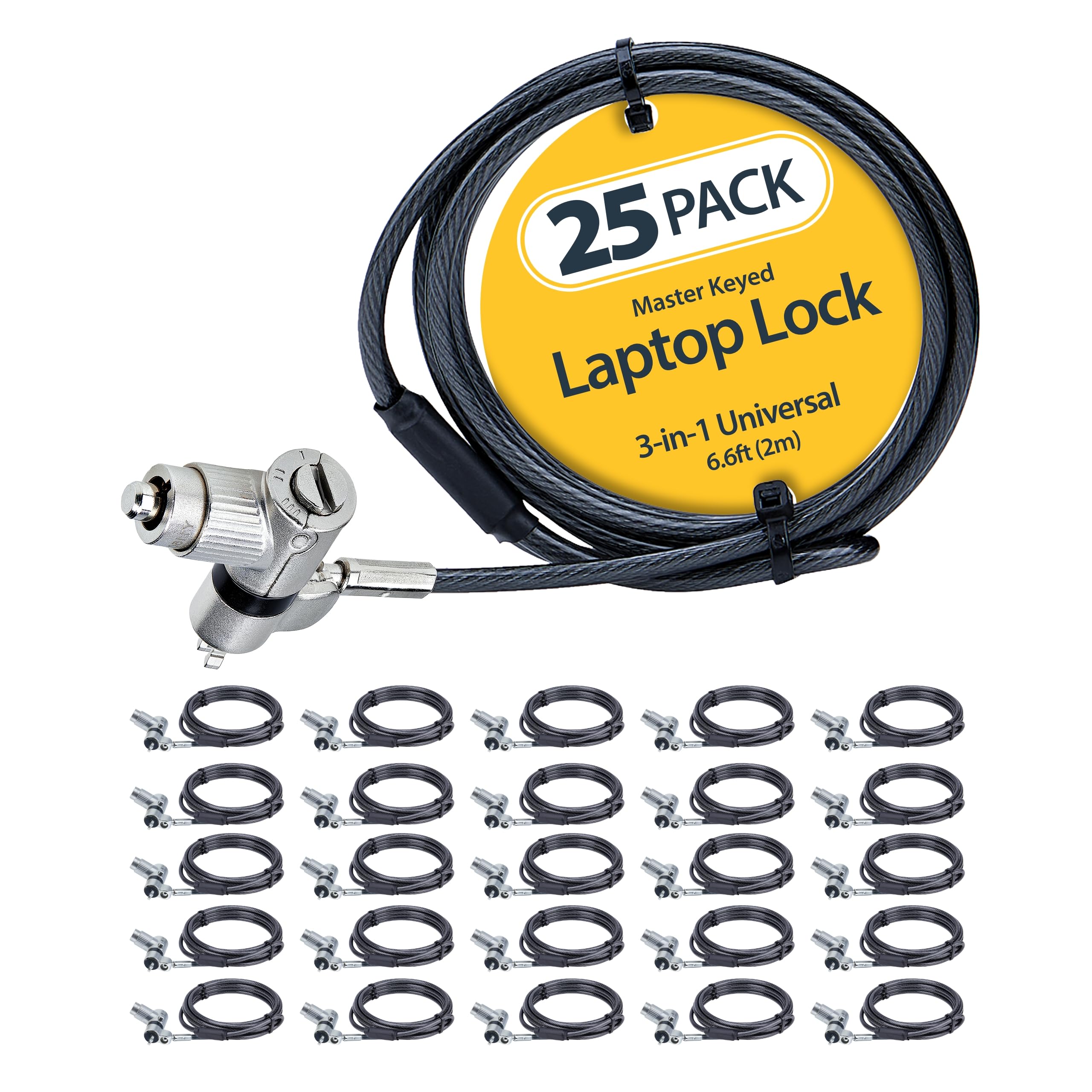 25-PACK UNIVERSAL LAPTOP LOCK 6.6FT (2M), MASTER KEYED LOCKING CABLE, COMPUTER S