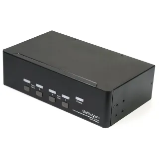 THIS 4 PORT DUAL DISPLAYPORT KVM SWITCH COMBINES DUAL 4K 60HZ DISPLAYS WITH KVM