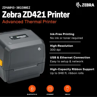 ZD421 TT PRINTER 74/300M 300DPI USB HOST ENET BTLE5 US CORD SWISS